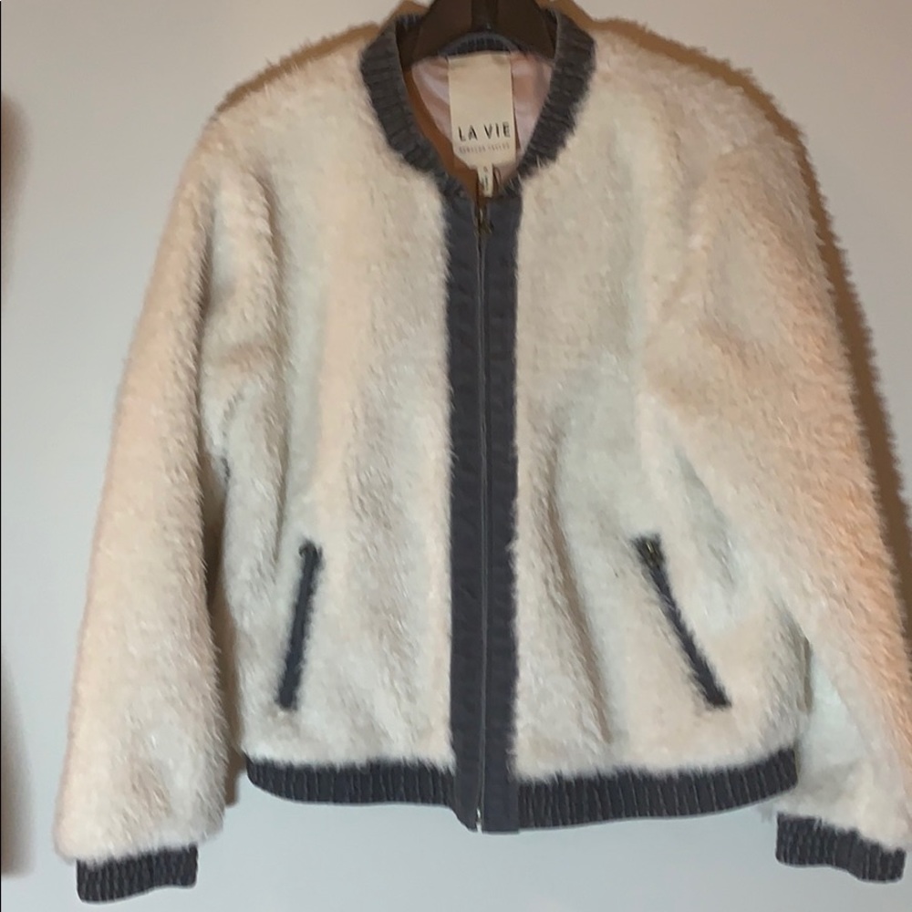NWT LA VIE REBECCA TAYLOR Faux Fur Denim Bomber - Picture 7 of 10